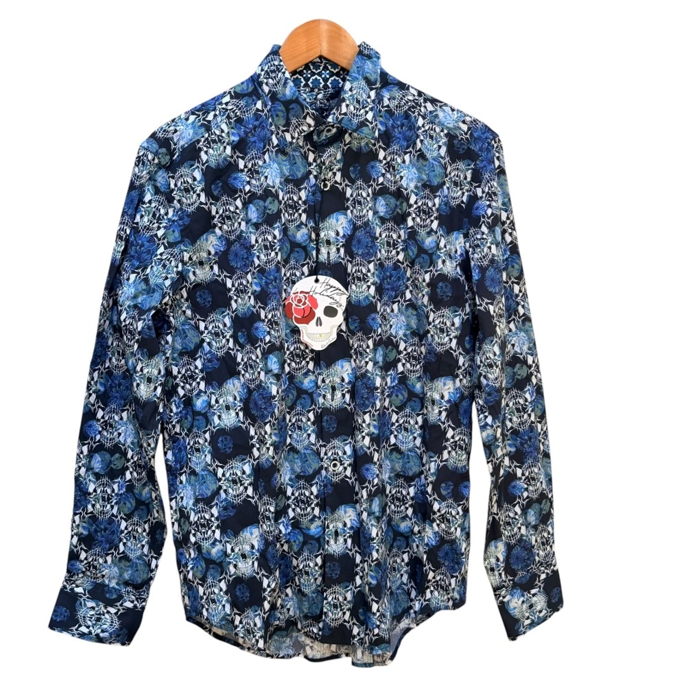 Robert Graham Shirt Mens M Blue Skull Floral Long Sleeve Gothic Party Halloween